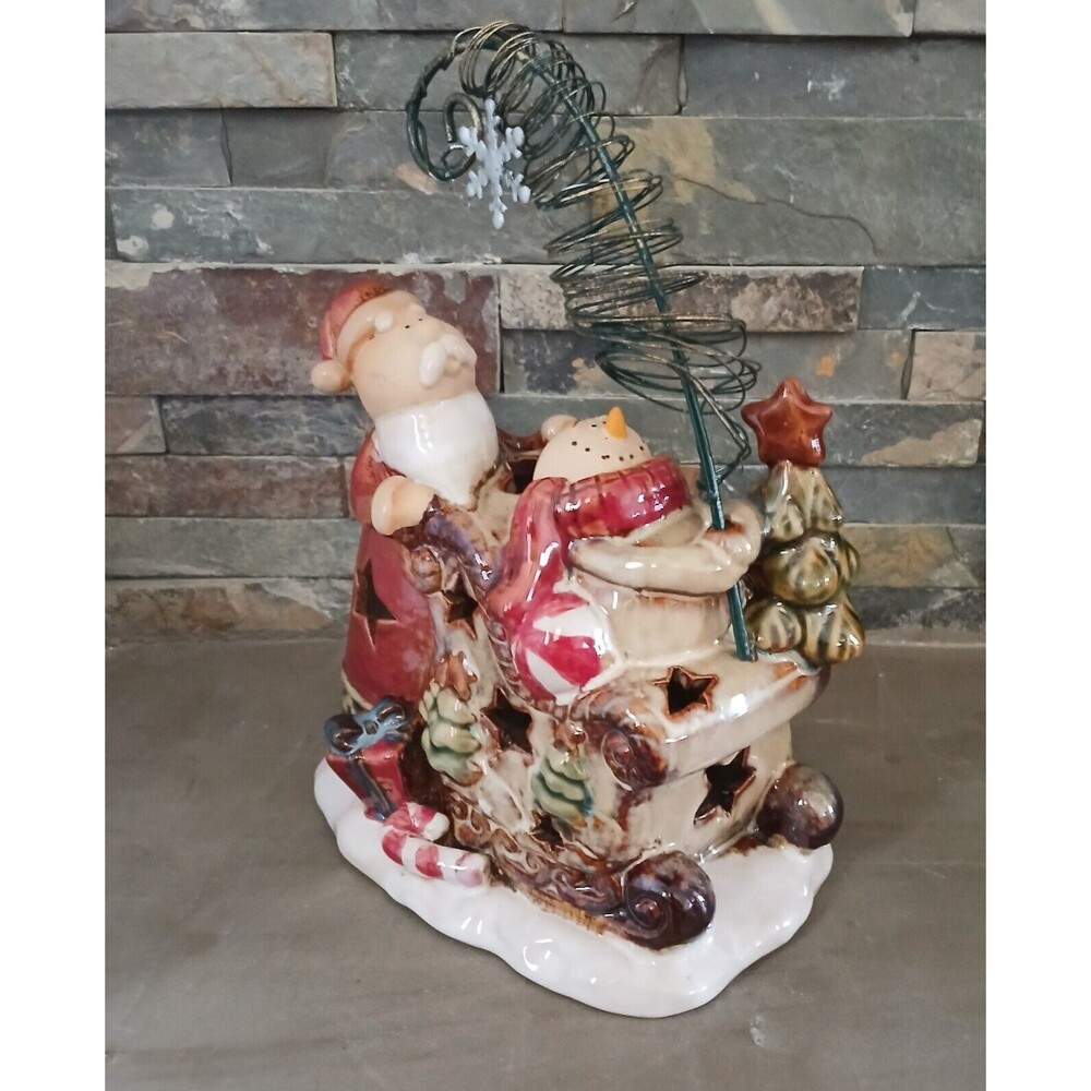 Christmas Holiday Jingle Ceramic Santa & Snowman on Sled Tea Light Candle Holder - Picture 5 of 8